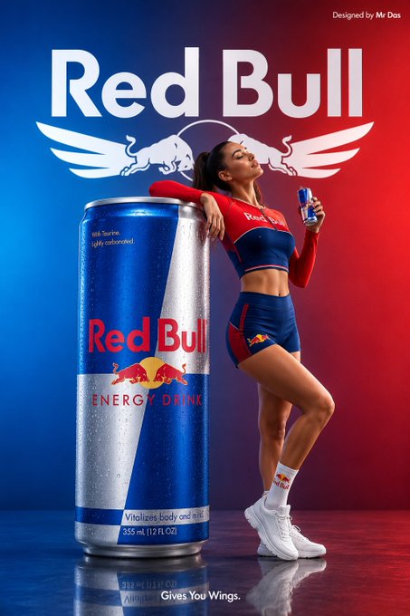 Oversized Red Bull Ad Minimalist Prompt