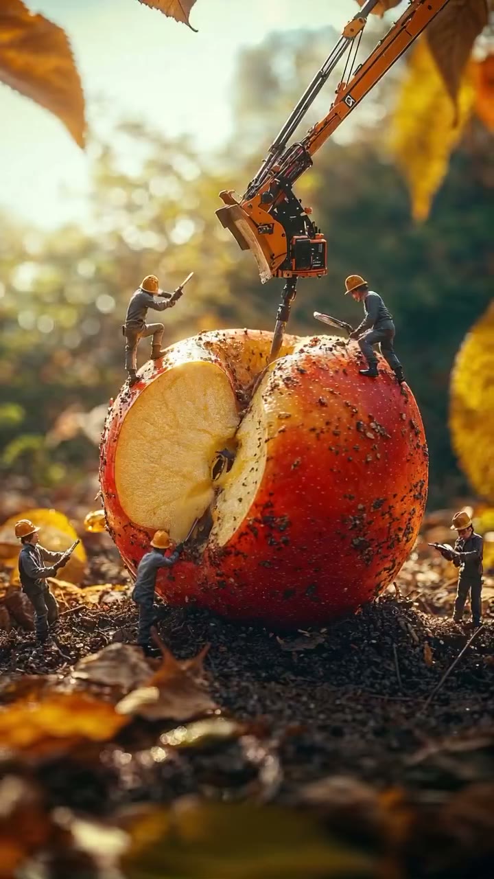 Miniature Construction Crew on Giant Fruits Prompt