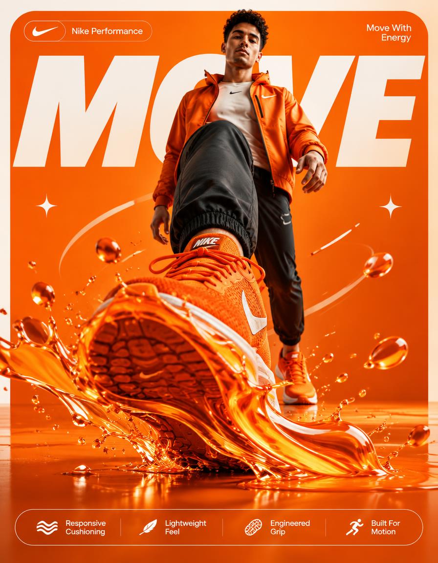 Dynamic Nike Orange Motion Poster Prompt