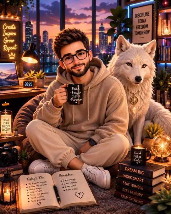 Heartwarming 3D Chibi Illustration of a Man and His Spirit Wolf