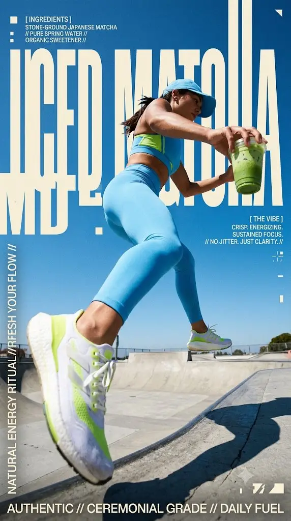Dynamic Editorial Action Poster for Iced Matcha