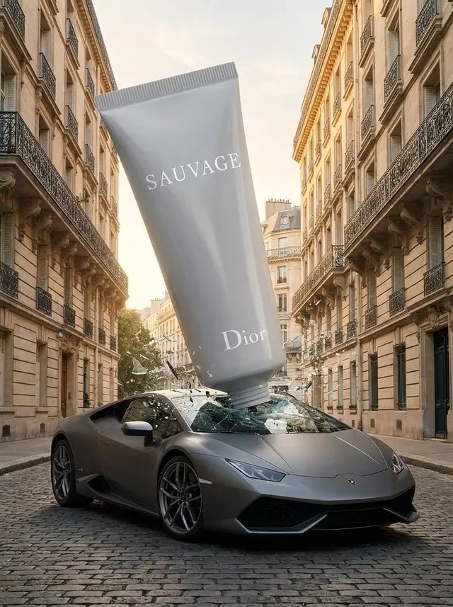 Giant Product Crashing into Luxury Car Scene