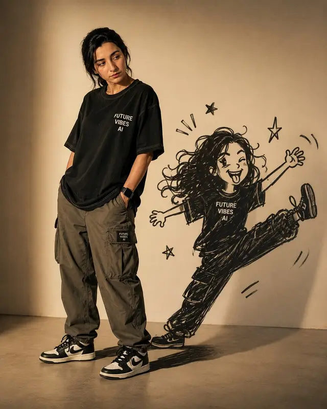 Cinematic Fashion Portrait with Mischievous Doodle Shadow