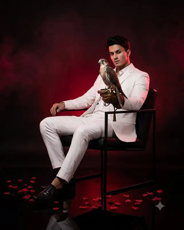 Elegant Power: Man with Falcon and Rose Petals