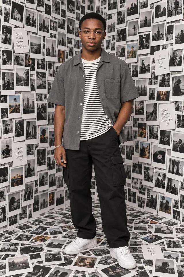Confident Man in Artistic Photography Installation Prompt