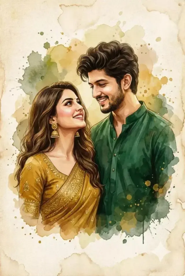 Romantic South Asian Couple Watercolor Portrait Prompt